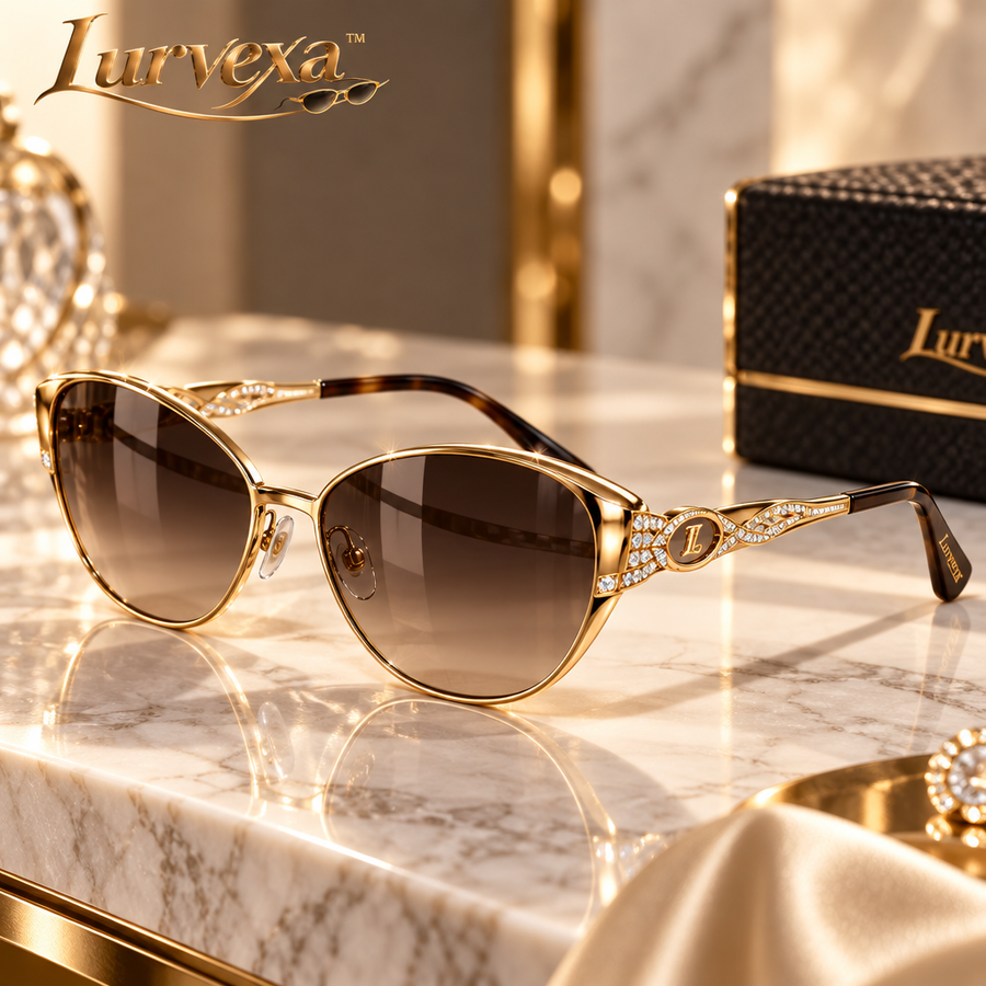 Lurvexa™ Classic Luxury Gold Cat-Eye Sunglasses with Crystal-Embellished Temples &amp; Gradient Brown Lenses