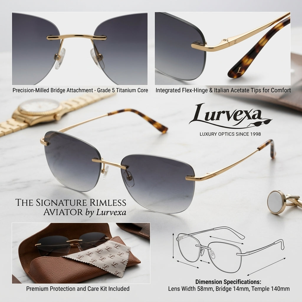 Lurvexa™ Artisan Rimless Geometric Sunglasses – Engraved Gold-Tone Temples &amp; Smoke Grey Lenses