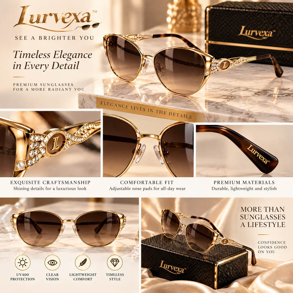 Lurvexa™ Classic Luxury Gold Cat-Eye Sunglasses with Crystal-Embellished Temples &amp; Gradient Brown Lenses