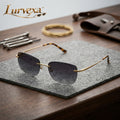 Lurvexa™ Artisan Rimless Geometric Sunglasses – Engraved Gold-Tone Temples &amp; Smoke Grey Lenses
