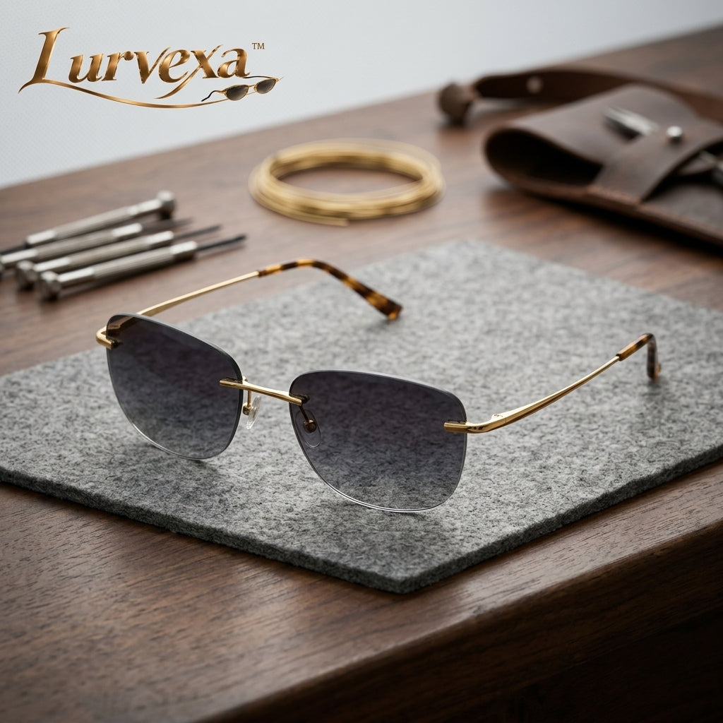 Lurvexa™ Artisan Rimless Geometric Sunglasses – Engraved Gold-Tone Temples &amp; Smoke Grey Lenses
