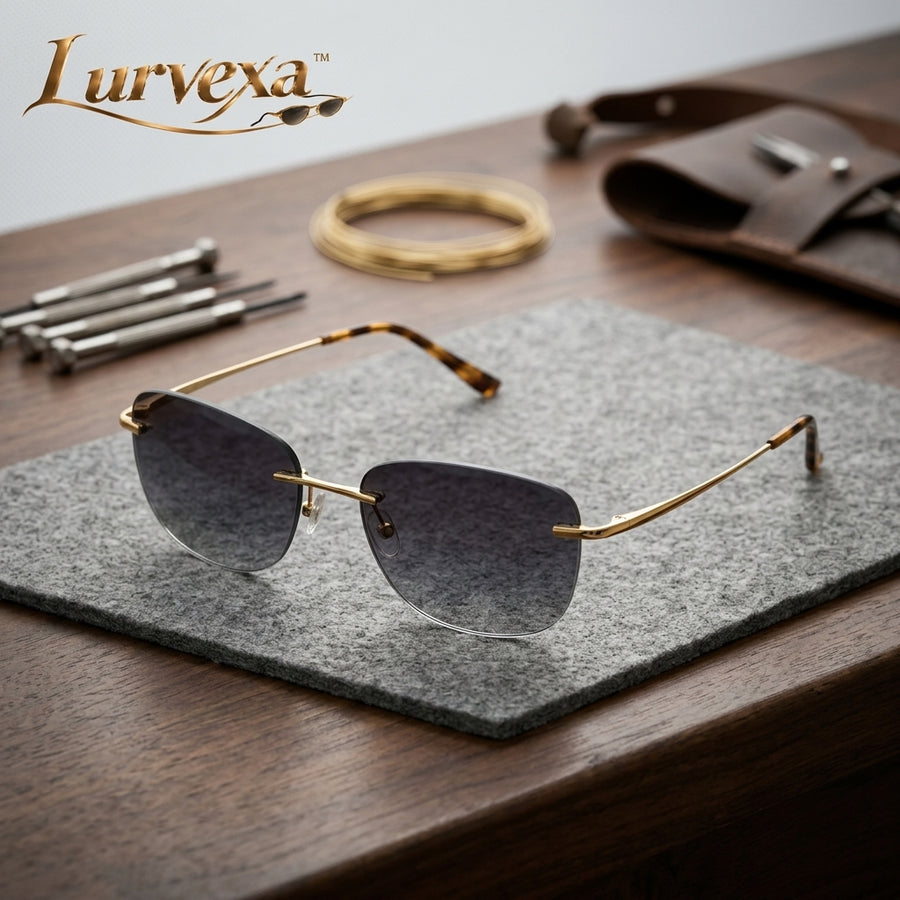 Lurvexa™ Artisan Rimless Geometric Sunglasses – Engraved Gold-Tone Temples &amp; Smoke Grey Lenses
