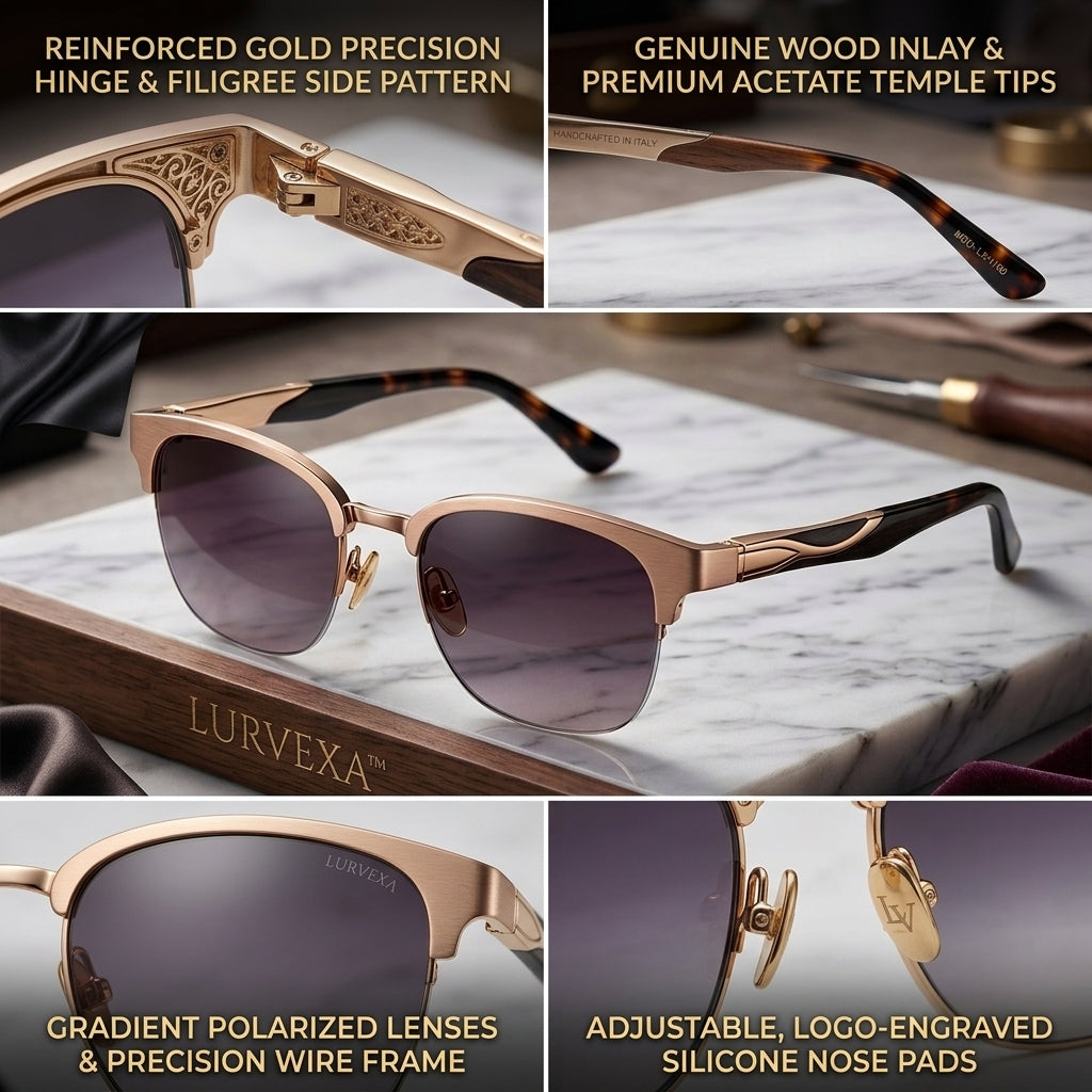 Lurvexa™ Luxury Semi-Rimless Sunglasses – Brushed Champagne Gold Browline with Sculpted Tortoise Temples &amp; Gradient UV400 Lenses