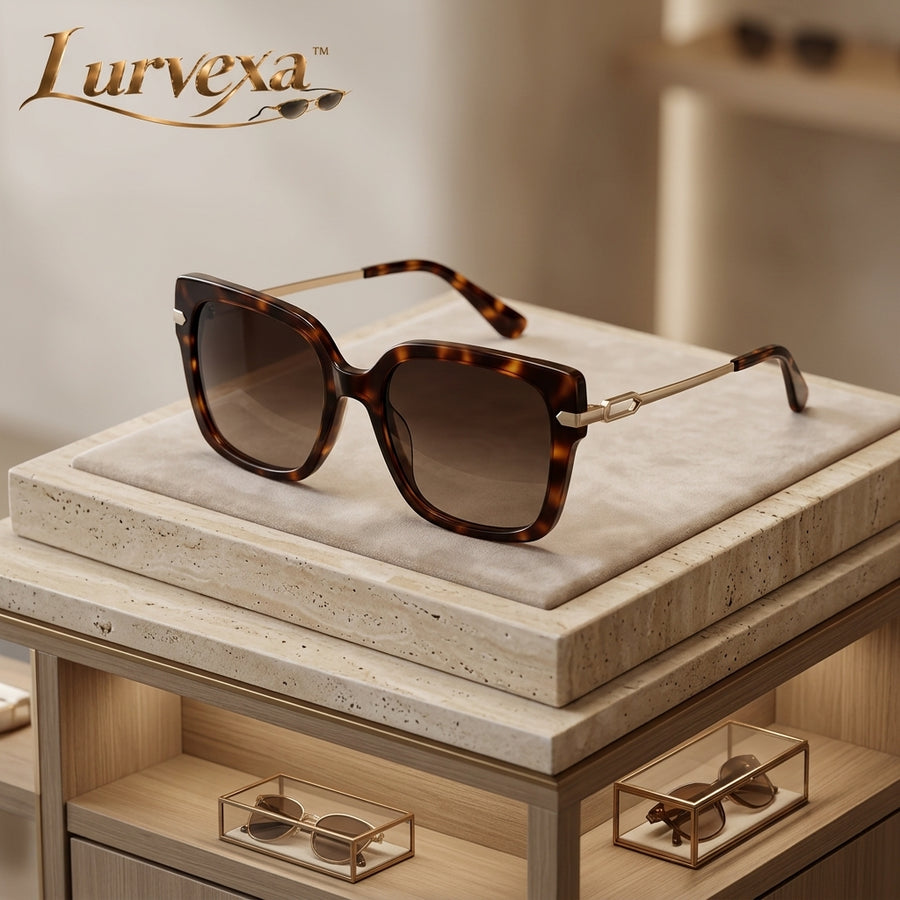Lurvexa™ Classic Oversized Square Sunglasses – Tortoiseshell Frame with Gold-Tone Temples &amp; Gradient Brown Lenses