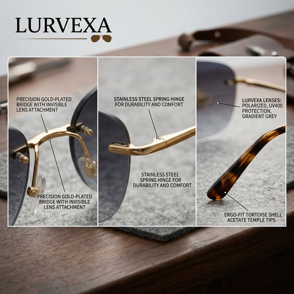 Lurvexa™ Artisan Rimless Geometric Sunglasses – Engraved Gold-Tone Temples &amp; Smoke Grey Lenses