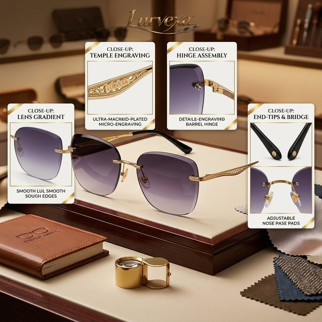 Lurvexa™ Oversized Rimless Gradient Sunglasses with Sculpted Gold-Tone Filigree Temples