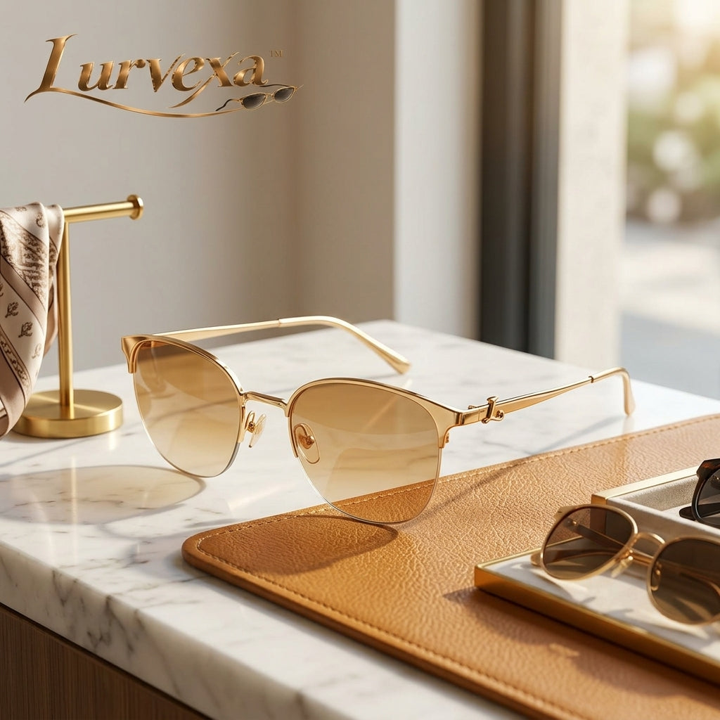 Lurvexa™ Semi-Rimless Sunglasses – Polished Gold Metal Frame with Gradient Amber Lenses