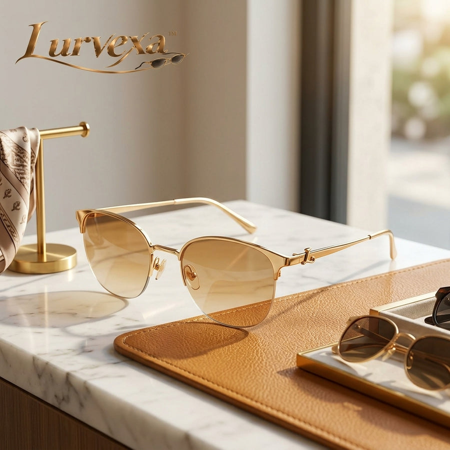 Lurvexa™ Semi-Rimless Sunglasses – Polished Gold Metal Frame with Gradient Amber Lenses