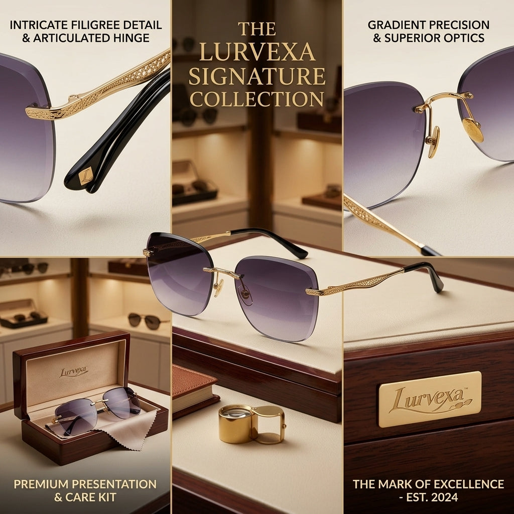Lurvexa™ Oversized Rimless Gradient Sunglasses with Sculpted Gold-Tone Filigree Temples