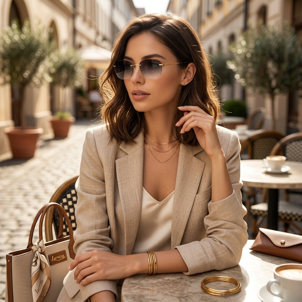 Lurvexa™ Artisan Rimless Geometric Sunglasses – Engraved Gold-Tone Temples &amp; Smoke Grey Lenses