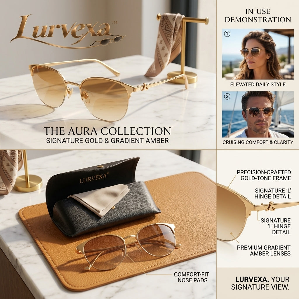 Lurvexa™ Semi-Rimless Sunglasses – Polished Gold Metal Frame with Gradient Amber Lenses