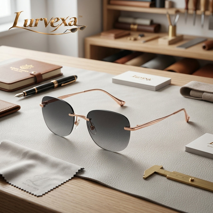 Lurvexa™ Rimless Geometric Sunglasses – Rose Gold Metal Frame with Gradient Smoke Lenses, UV400 Protection