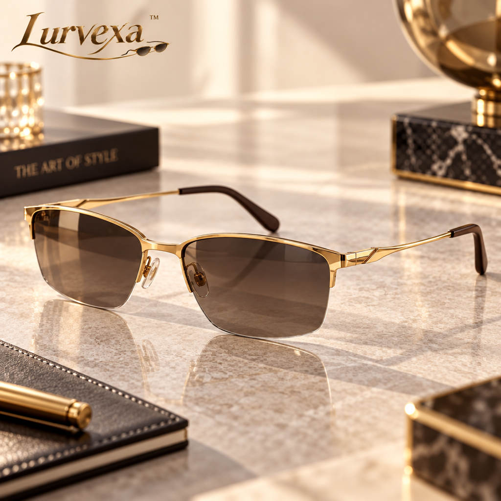 Lurvexa™ Men's Luxury Semi-Rimless Sunglasses – Polarized Gold Browline Executive Eyewear