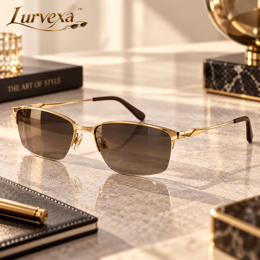 Lurvexa™ Men's Luxury Semi-Rimless Sunglasses – Polarized Gold Browline Executive Eyewear