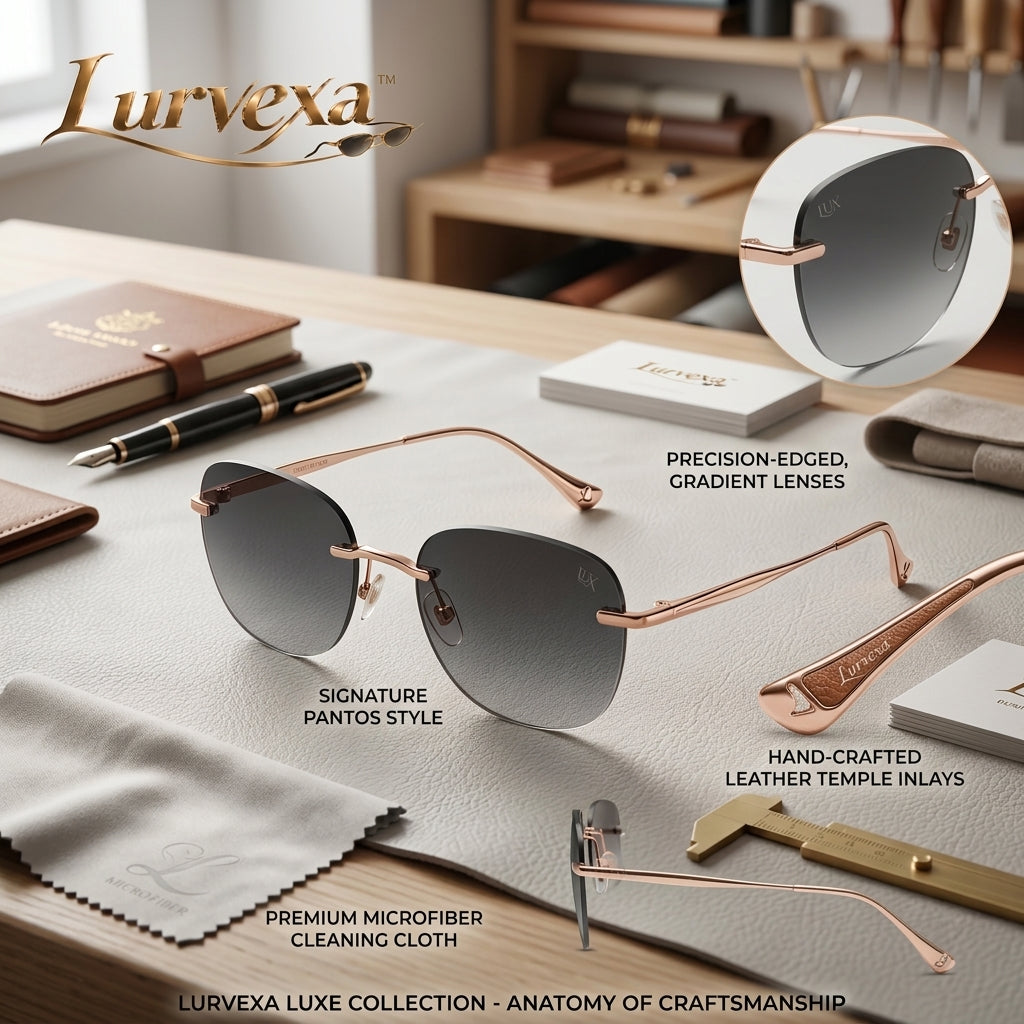 Lurvexa™ Rimless Geometric Sunglasses – Rose Gold Metal Frame with Gradient Smoke Lenses, UV400 Protection
