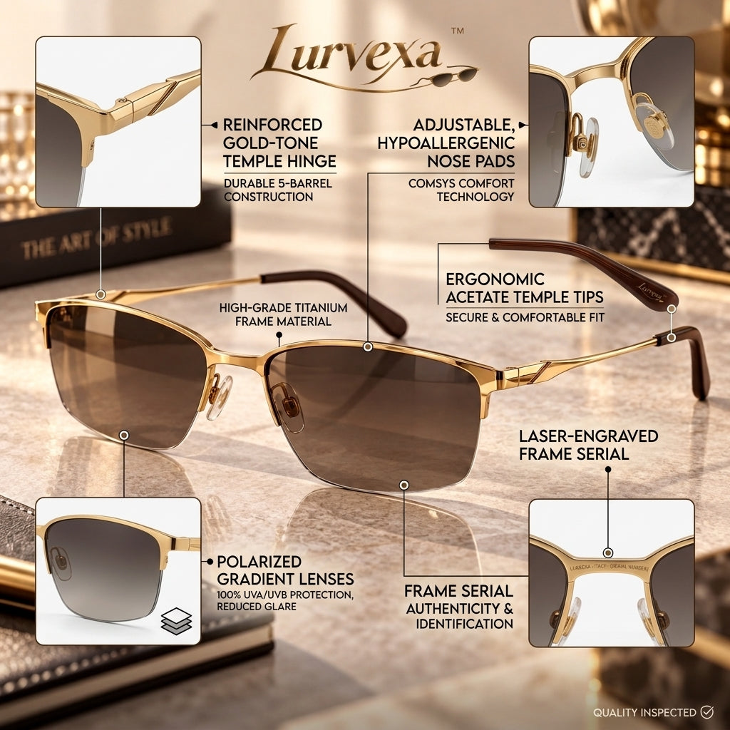 Lurvexa™ Men's Luxury Semi-Rimless Sunglasses – Polarized Gold Browline Executive Eyewear