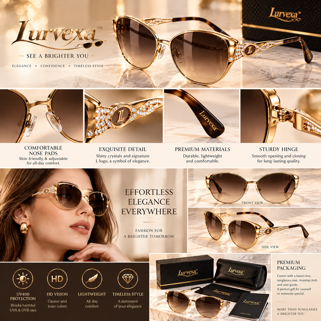 Lurvexa™ Classic Luxury Gold Cat-Eye Sunglasses with Crystal-Embellished Temples &amp; Gradient Brown Lenses