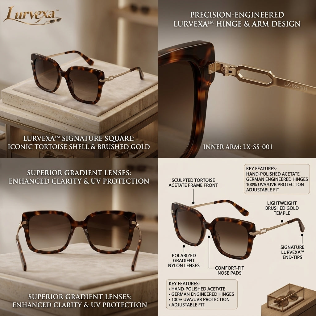 Lurvexa™ Classic Oversized Square Sunglasses – Tortoiseshell Frame with Gold-Tone Temples &amp; Gradient Brown Lenses