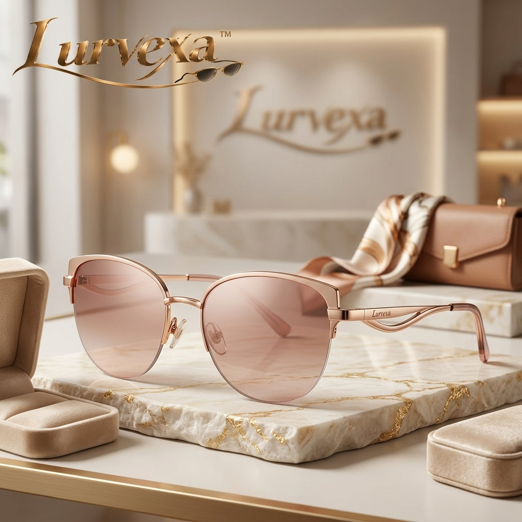 Lurvexa™ Women's Semi-Rimless Cat-Eye Sunglasses – Lightweight Rose Gold Metal Frame with Gradient Blush Lenses
