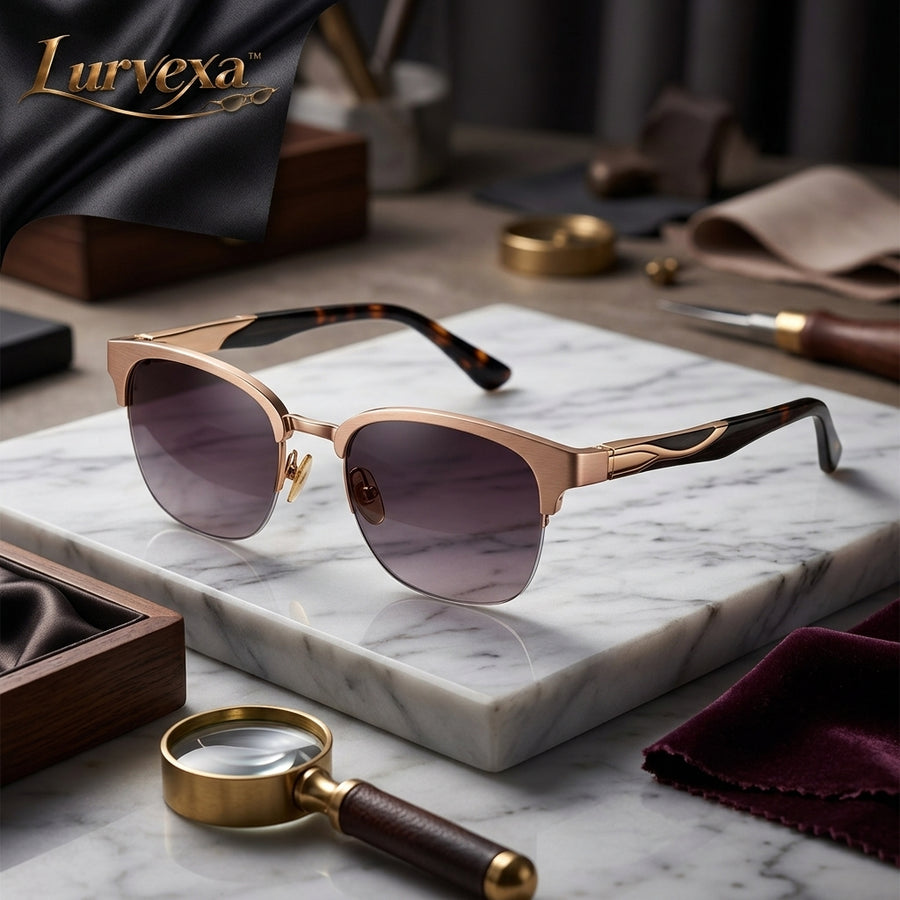 Lurvexa™ Luxury Semi-Rimless Sunglasses – Brushed Champagne Gold Browline with Sculpted Tortoise Temples &amp; Gradient UV400 Lenses