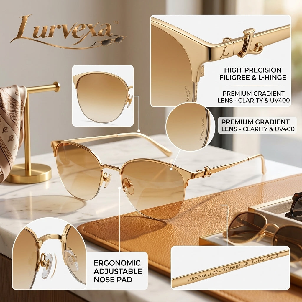Lurvexa™ Semi-Rimless Sunglasses – Polished Gold Metal Frame with Gradient Amber Lenses