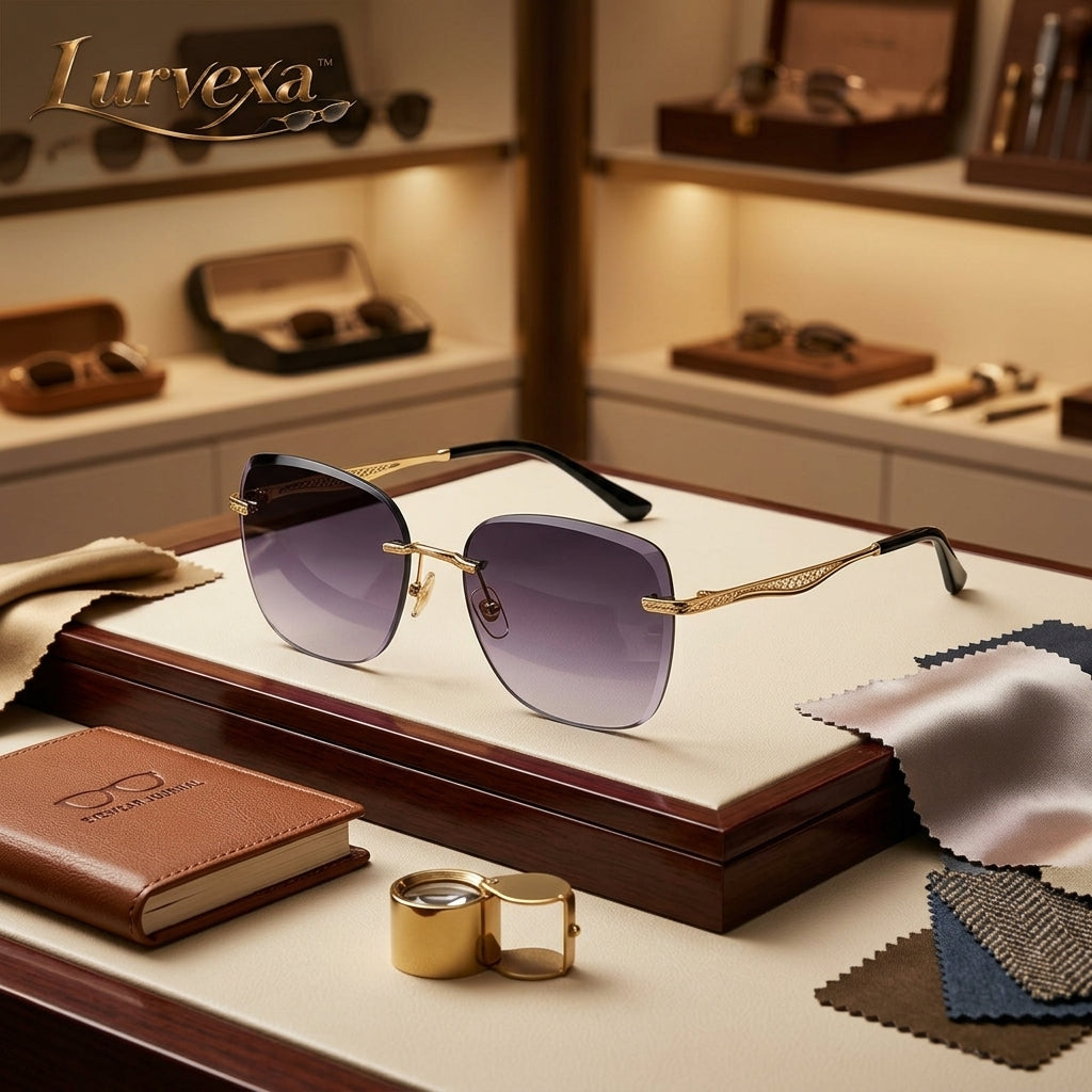 Lurvexa™ Oversized Rimless Gradient Sunglasses with Sculpted Gold-Tone Filigree Temples