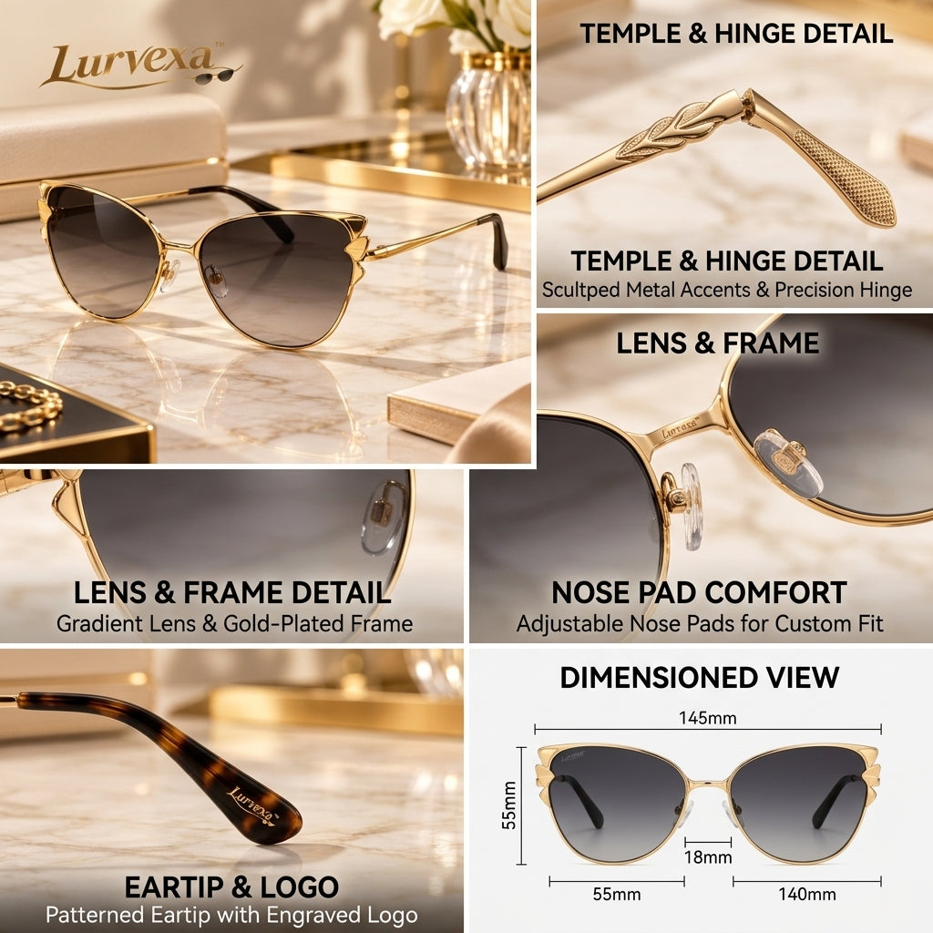 Lurvexa™ Women's Luxury Butterfly Sunglasses – Polished Gold Metal Frame with Gradient Lenses